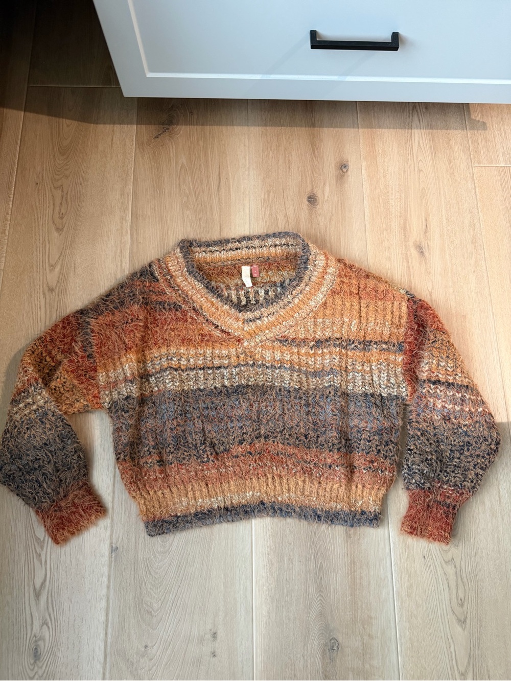 Pilcro V-Neck Striped Mohair-Blend Sweater in Rust, Tan & Gray